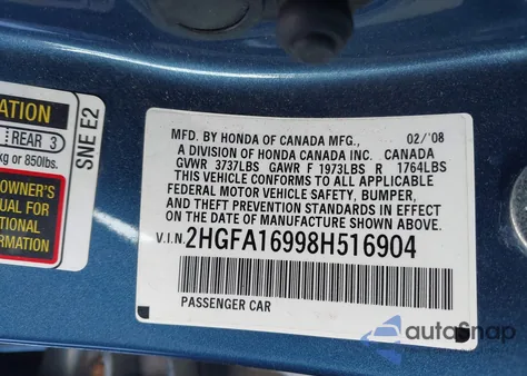 2008 Honda Civic Ex-L из США, поврежденный, VIN 2HGFA16998H516904